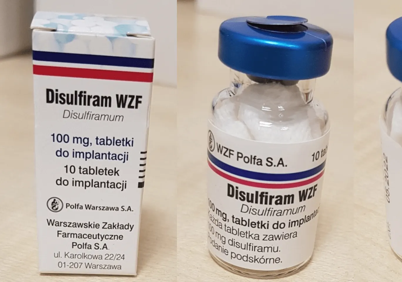 Wszywka alkoholowa Esperal / Disulfiram Rzeszów: fiolka disulfiramu obok opakowania leku