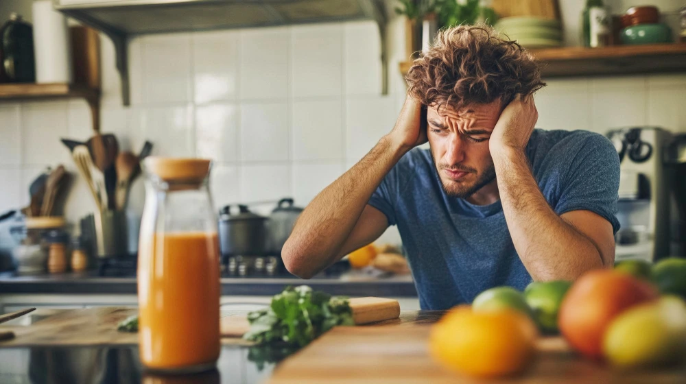 Mężczyzna cierpiący na silnego kaca, objawy zatrucia alkoholowego.